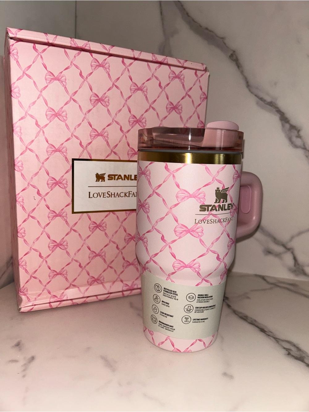 Stanley LoveShackFancy 20 oz Pink Bow Pattern Gift Set Box